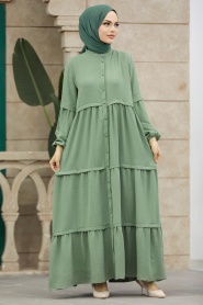 Neva Style - Düğmeli Çağla Yeşili Tesettür Elbise 5850CY - Thumbnail