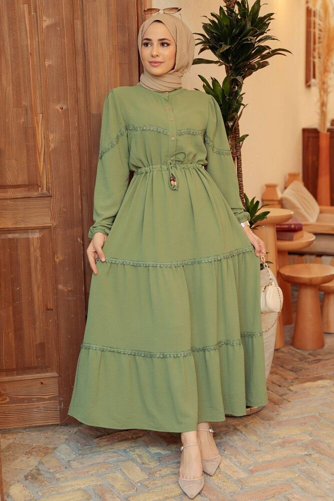 Neva Style - Düğmeli Çağla Yeşili Tesettür Elbise 63250CY - 4