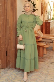 Neva Style - Düğmeli Çağla Yeşili Tesettür Elbise 63250CY - Thumbnail