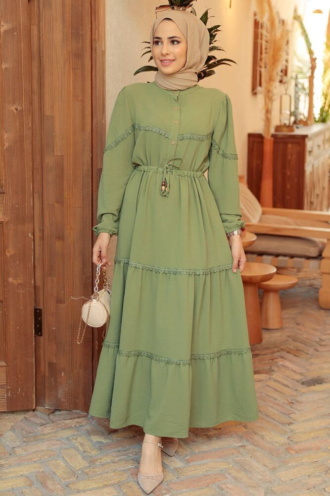 Neva Style - Düğmeli Çağla Yeşili Tesettür Elbise 63250CY - 3