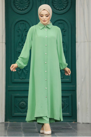 Neva Style - Düğmeli Çağla Yeşili Tesettür İkili Takım 10101CY - 4