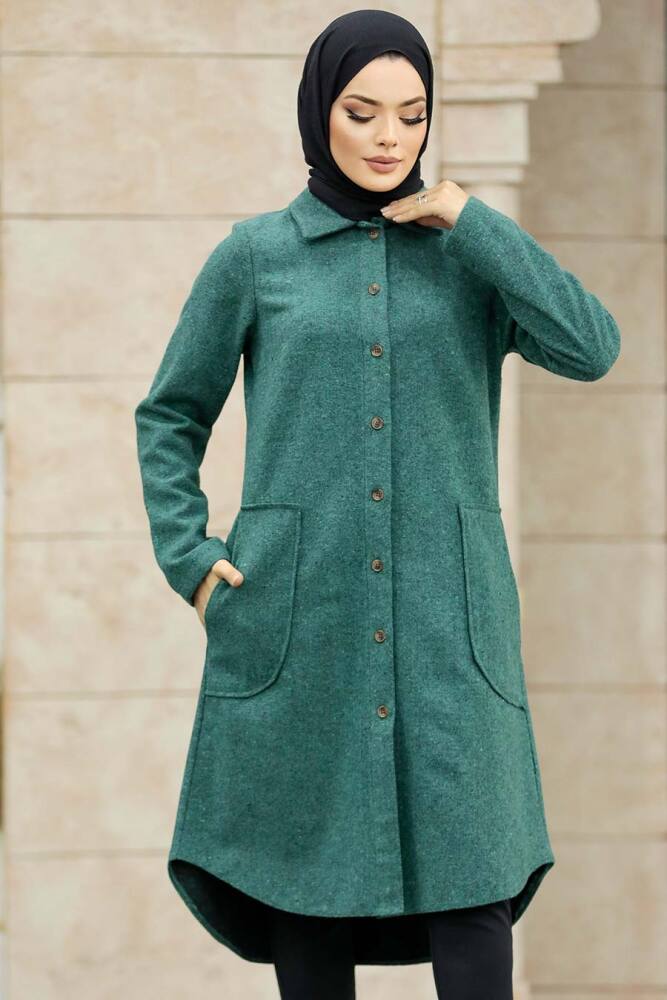 Neva Style - Düğmeli Çağla Yeşili Tesettür Kaşe Tunik 5951CY - 2