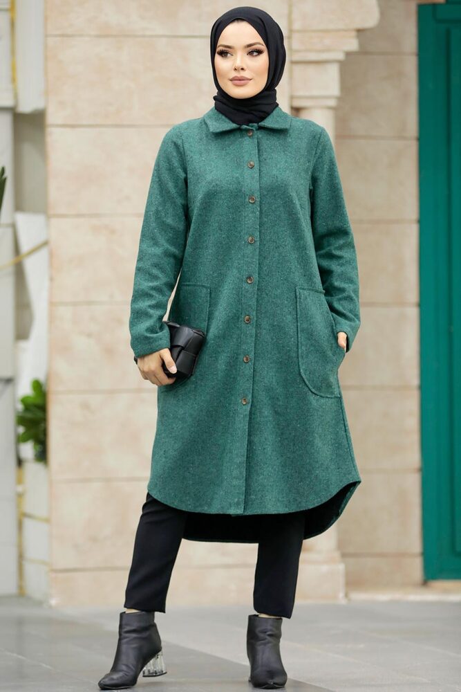 Neva Style - Düğmeli Çağla Yeşili Tesettür Kaşe Tunik 5951CY - 3