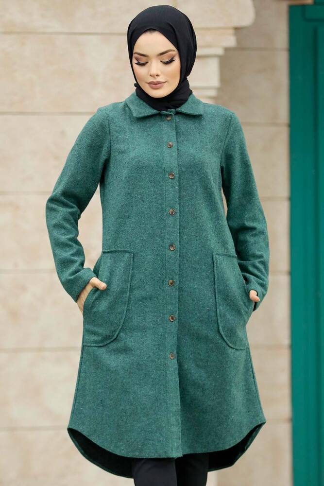 Neva Style - Düğmeli Çağla Yeşili Tesettür Kaşe Tunik 5951CY - 1