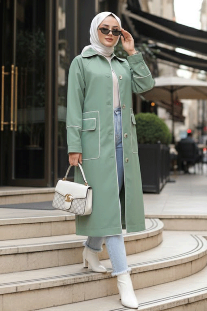  Düğmeli Çağla Yeşili Tesettür Trençkot 9206CY - 1