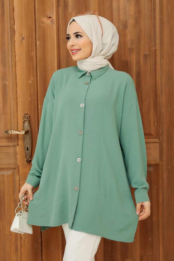 Neva Style - Düğmeli Çağla Yeşili Tesettür Tunik 3793CY - 2