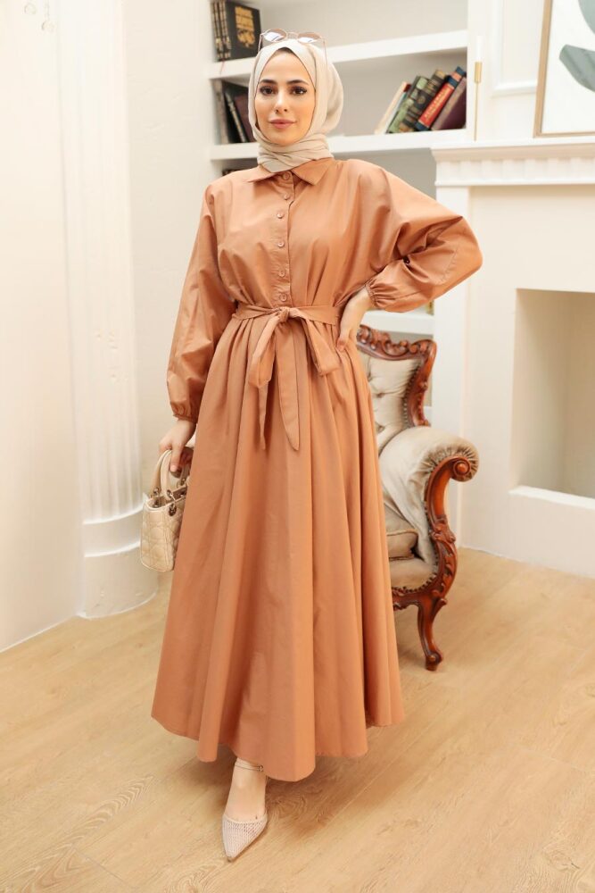  Düğmeli Camel Tesettür Elbise 50091C - 1