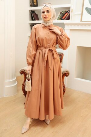  Düğmeli Camel Tesettür Elbise 50091C - 3