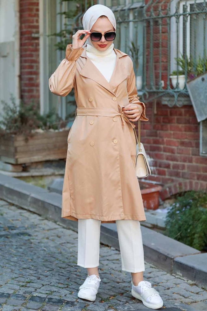Neva Style - Düğmeli Camel Tesettür Trençkot 135C - 1