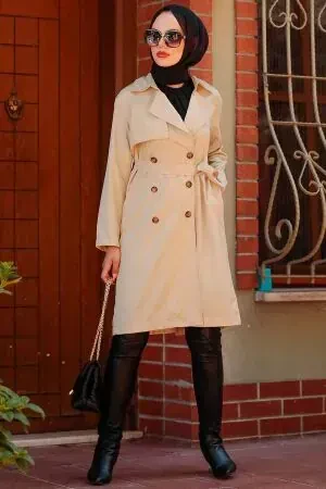  Düğmeli Camel Tesettür Trençkot 263C 