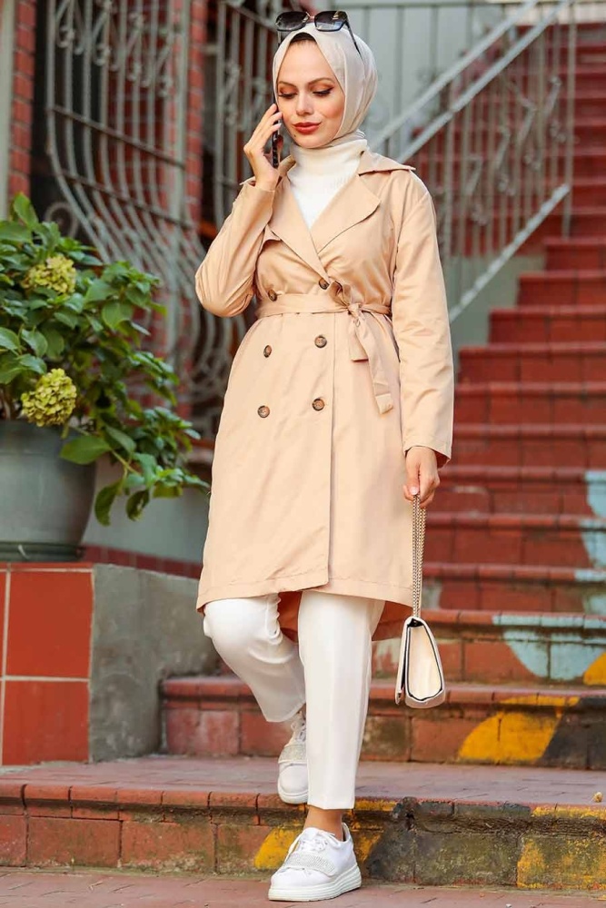 Neva Style - Düğmeli Camel Tesettür Trençkot 263C - 6
