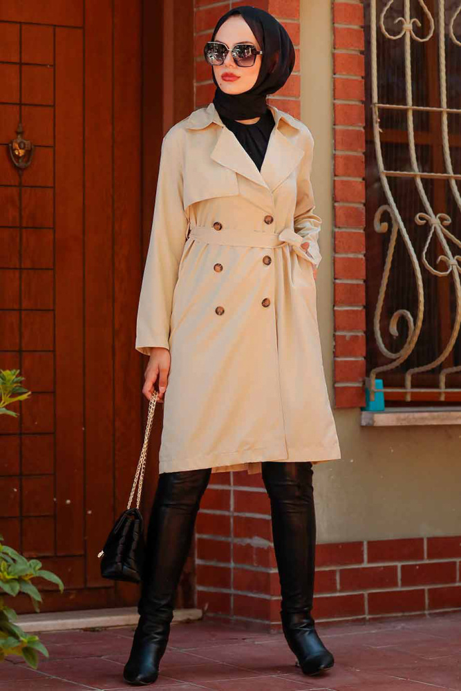 Neva Style - Düğmeli Camel Tesettür Trençkot 263C - 1