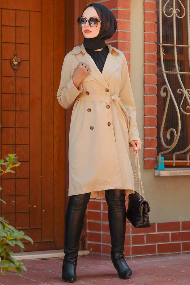 Neva Style - Düğmeli Camel Tesettür Trençkot 263C - 3