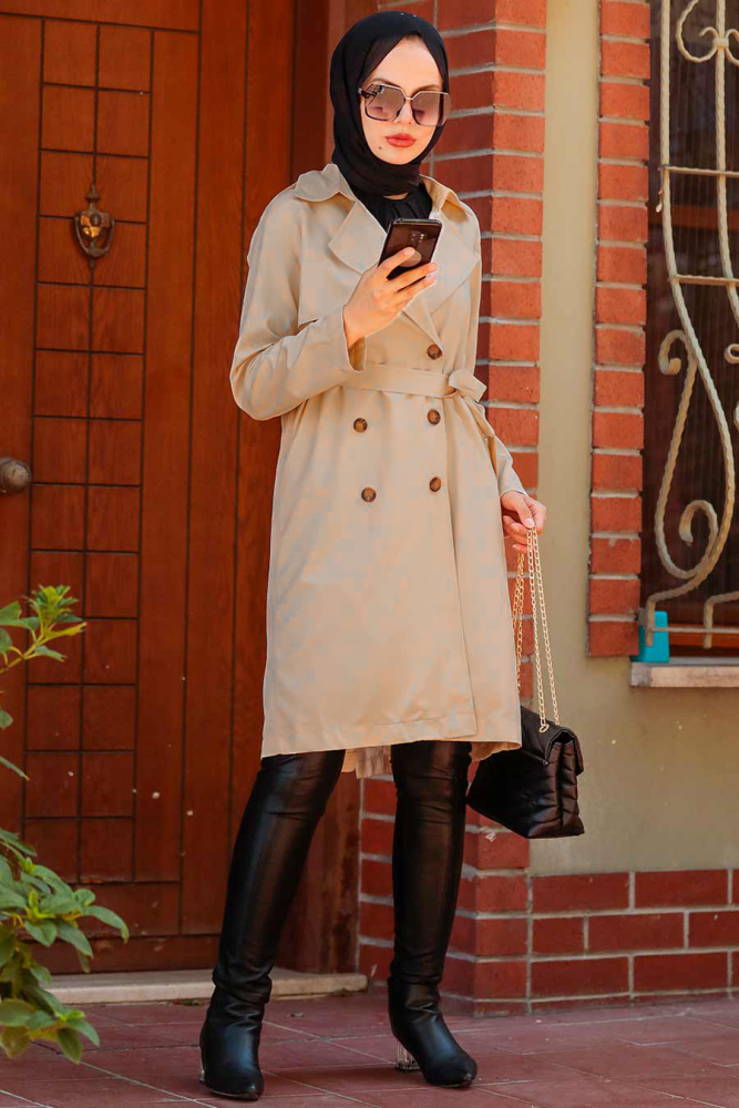 Neva Style - Düğmeli Camel Tesettür Trençkot 263C - 2