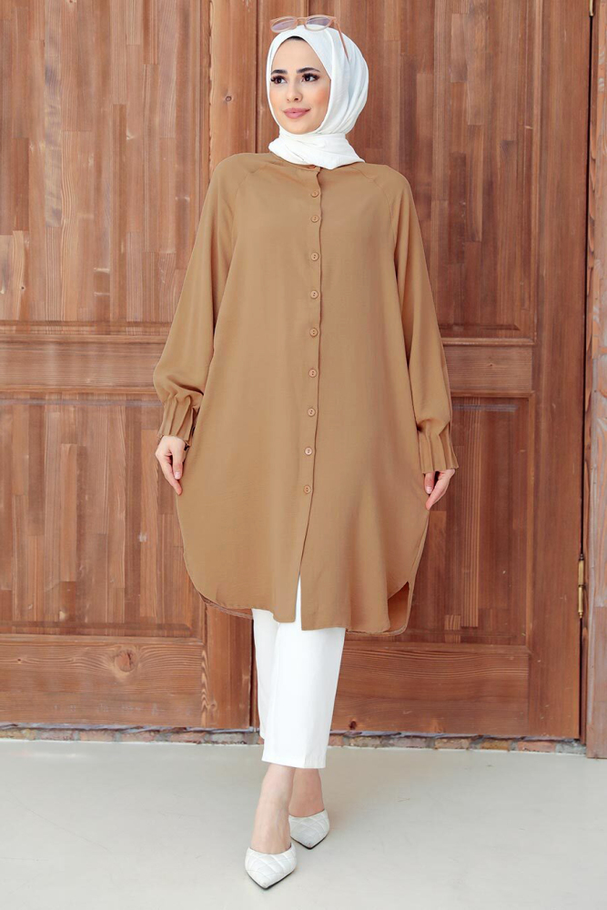 Neva Style - Düğmeli Camel Tesettür Tunik 6312C - 1