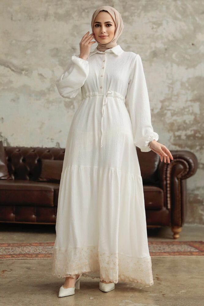 Neva Style - Düğmeli Ekru Tesettür Elbise 5878E - 2