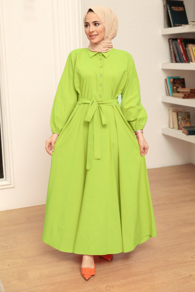 Neva Style - Düğmeli Fıstık Yeşili Tesettür Elbise 50091FY - 1