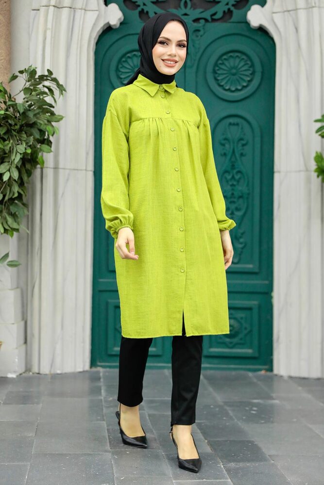 Neva Style - Düğmeli Fıstık Yeşili Tesettür Tunik 24511FY - 1