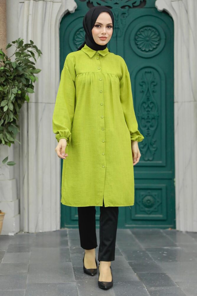 Neva Style - Düğmeli Fıstık Yeşili Tesettür Tunik 24511FY - 2