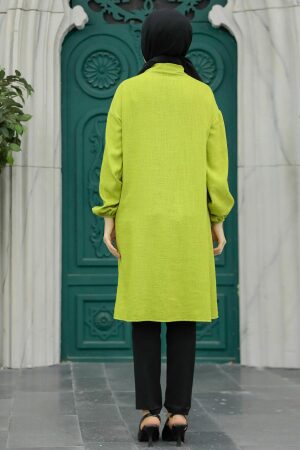 Neva Style - Düğmeli Fıstık Yeşili Tesettür Tunik 24511FY - 3