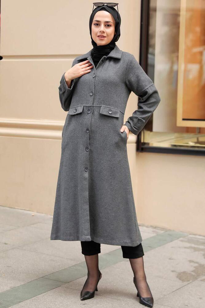 Neva Style - Düğmeli Füme Tesettür Kaşe Kap 5808FU - 4