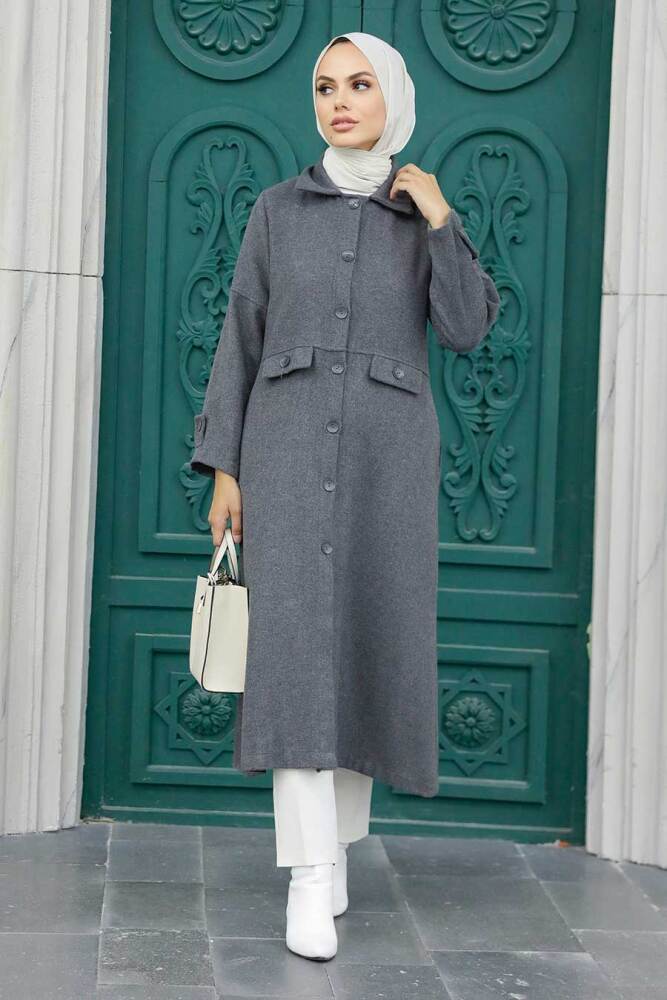 Neva Style - Düğmeli Füme Tesettür Kaşe Kap 5808FU - 2