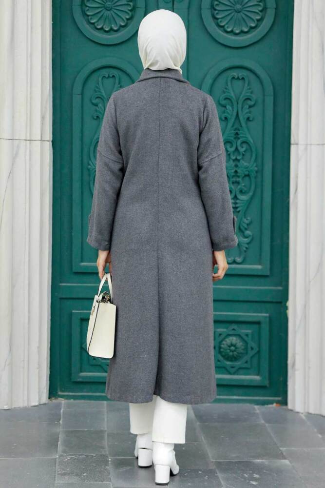 Neva Style - Düğmeli Füme Tesettür Kaşe Kap 5808FU - 3