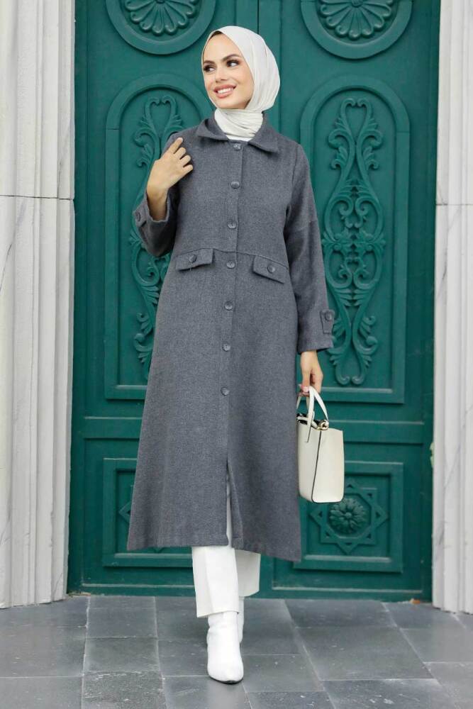 Neva Style - Düğmeli Füme Tesettür Kaşe Kap 5808FU - NEVA STYLE