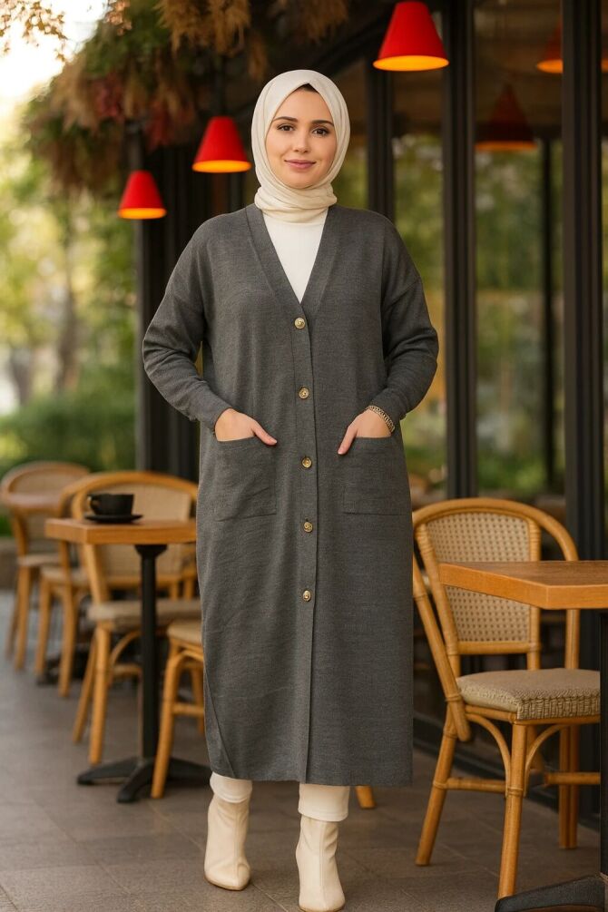  Düğmeli Füme Tesettür Triko Hırka 33650FU - 1