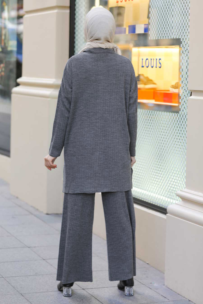 Neva Style - Düğmeli Füme Tesettür Triko İkili Takım 33860FU - 3