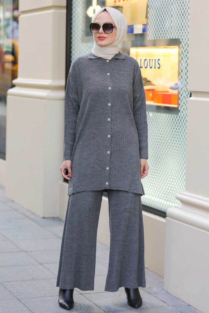 Neva Style - Düğmeli Füme Tesettür Triko İkili Takım 33860FU - 2
