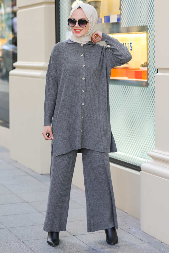 Neva Style - Düğmeli Füme Tesettür Triko İkili Takım 33860FU - 1