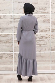 Neva Style - Düğmeli Gri Tesettür Elbise 3735GR - Thumbnail
