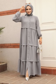 Neva Style - Düğmeli Gri Tesettür Elbise 5850GR - Thumbnail