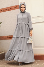 Neva Style - Düğmeli Gri Tesettür Elbise 5850GR - Thumbnail