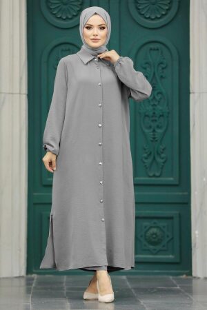 Neva Style - Düğmeli Gri Tesettür İkili Takım 10101GR 
