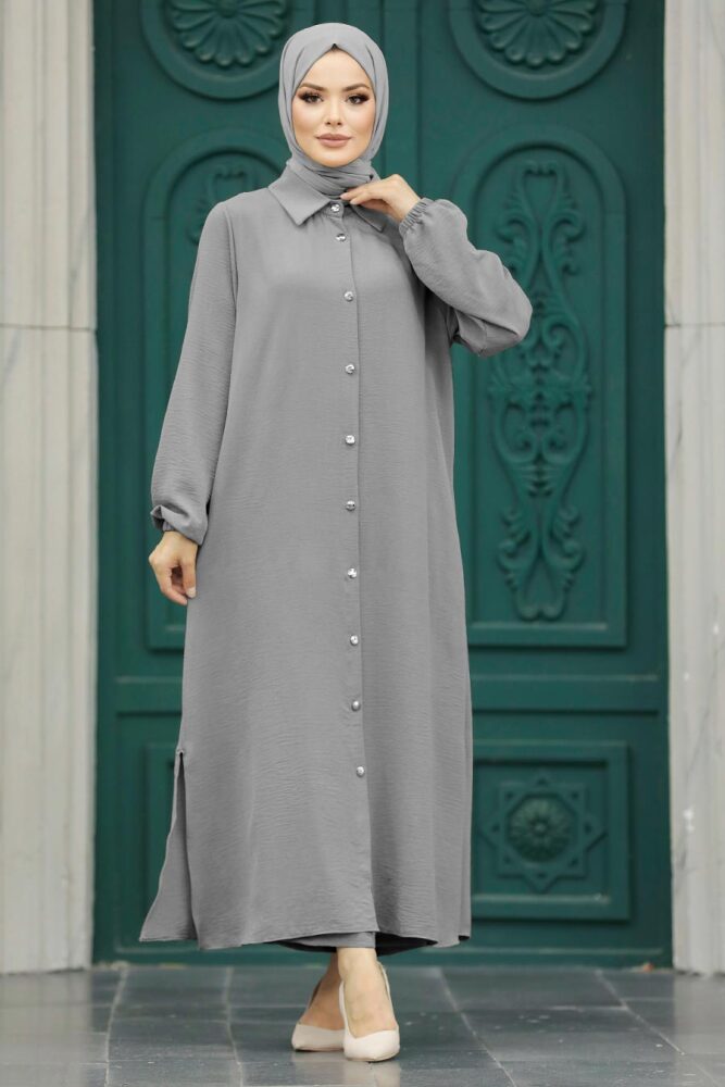 Neva Style - Düğmeli Gri Tesettür İkili Takım 10101GR - 1