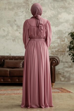 Neva Style - Düğmeli Gül Kurusu Tesettür Elbise 33284GK - 3