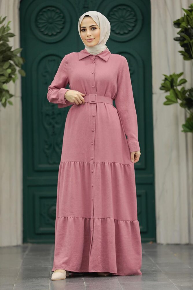 Neva Style - Düğmeli Gül Kurusu Tesettür Elbise 5849GK - NEVA STYLE