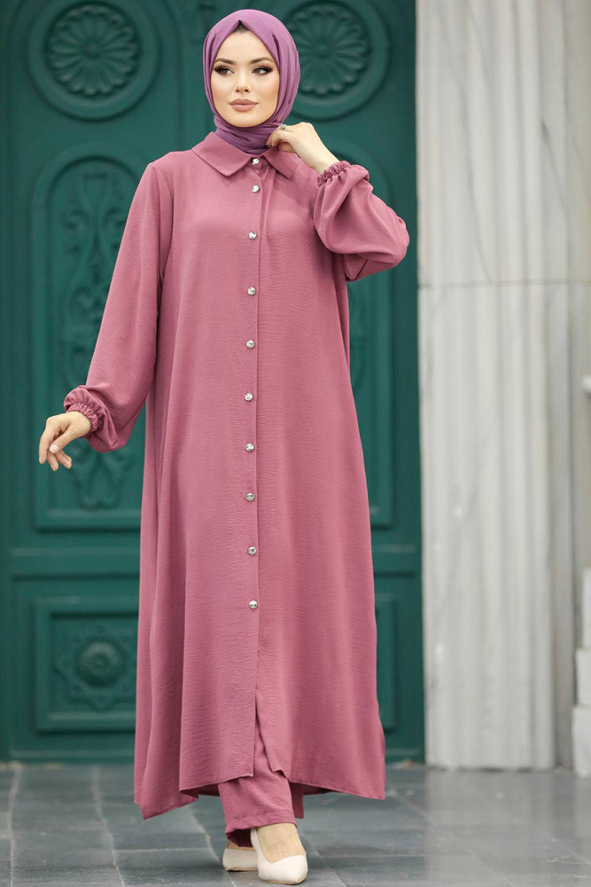 Neva Style - Düğmeli Gül Kurusu Tesettür İkili Takım 10101GK - 1