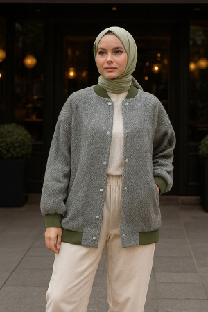 Düğmeli Haki Tesettür Bomber Ceket 9263HK - NEVA STYLE