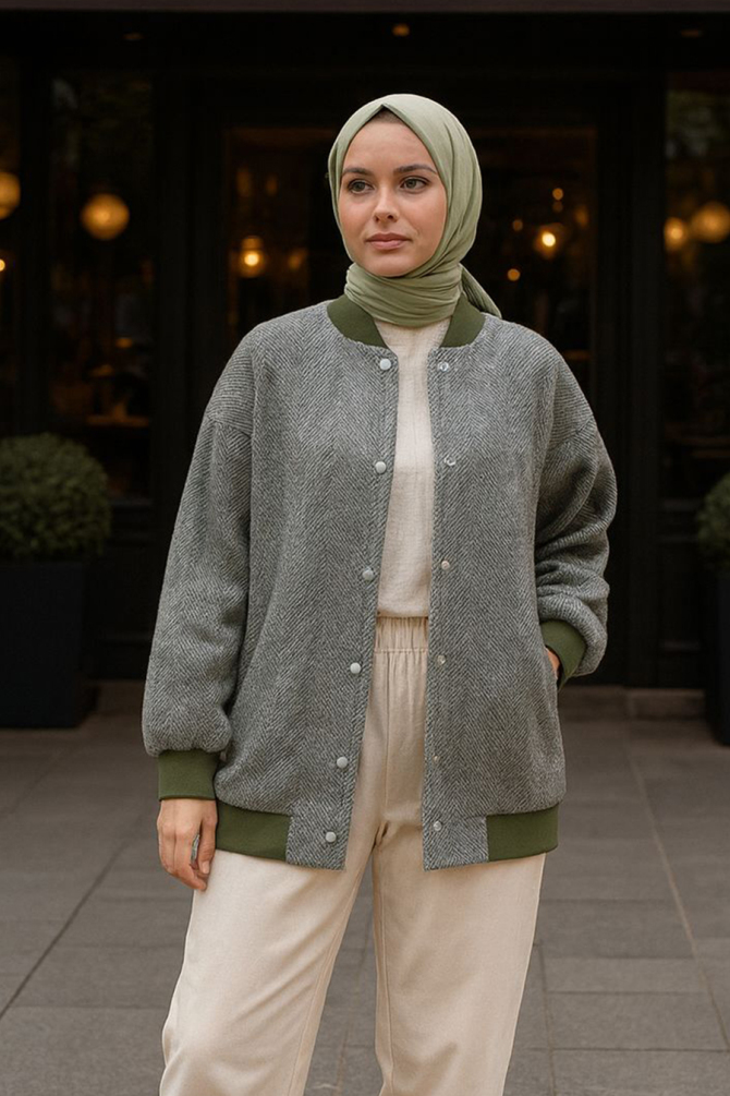  Düğmeli Haki Tesettür Bomber Ceket 9263HK - NEVA STYLE
