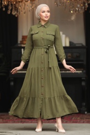 Neva Style - Düğmeli Haki Tesettür Elbise 40971HK - Thumbnail