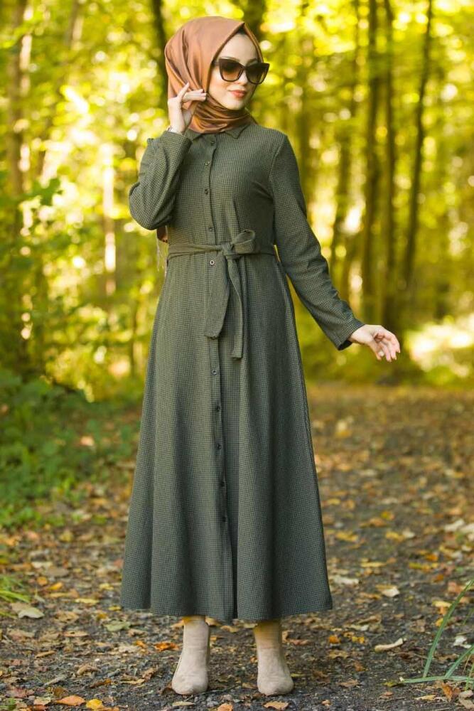 Neva Style - Düğmeli Haki Tesettür Elbise 534HK - 2