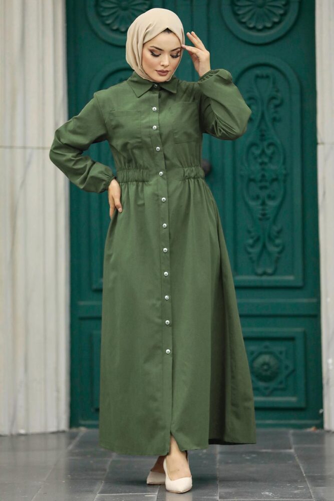 Neva Style - Düğmeli Haki Tesettür Elbise 5934HK - 1
