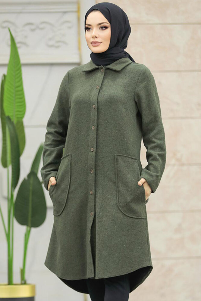 Neva Style - Düğmeli Haki Tesettür Kaşe Tunik 5951HK - 1
