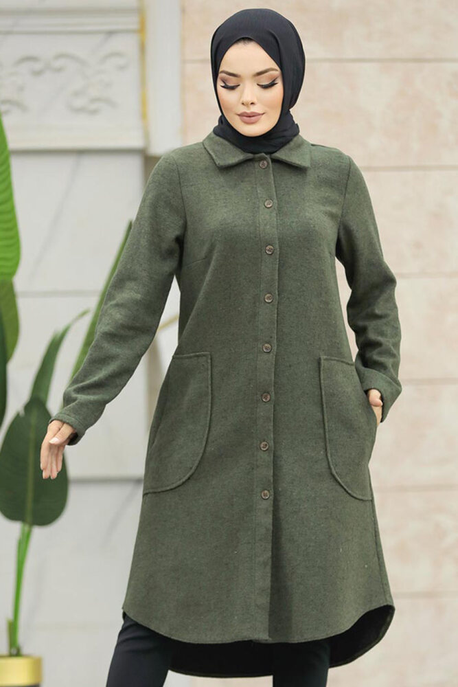 Neva Style - Düğmeli Haki Tesettür Kaşe Tunik 5951HK - 2
