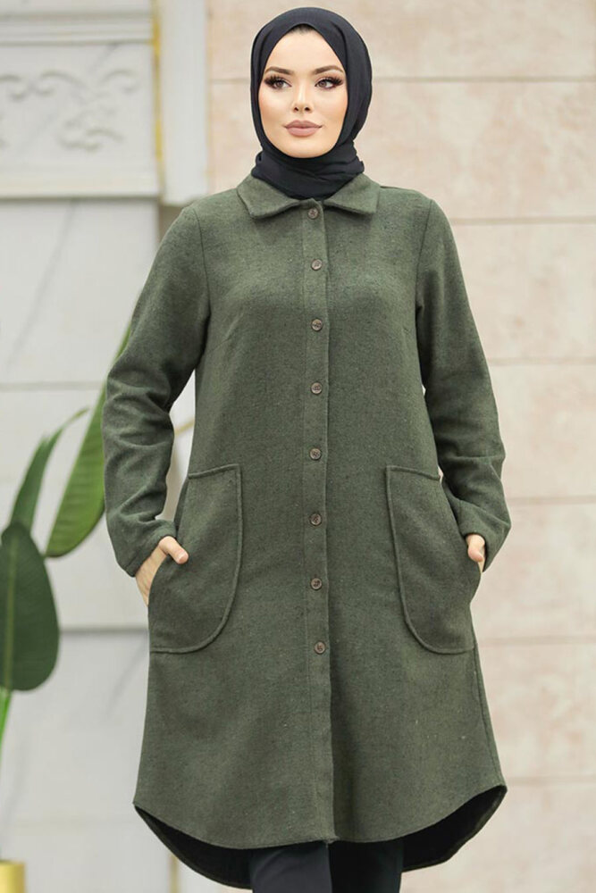 Neva Style - Düğmeli Haki Tesettür Kaşe Tunik 5951HK - 3