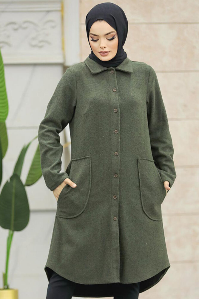 Neva Style - Düğmeli Haki Tesettür Kaşe Tunik 5951HK - 4