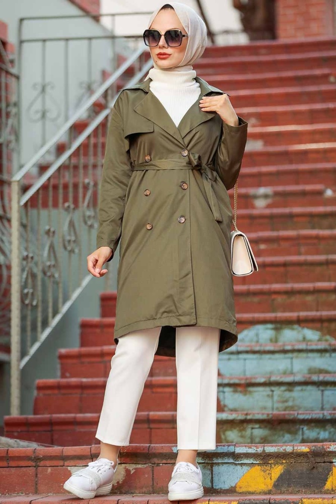 Neva Style - Düğmeli Haki Tesettür Trençkot 263HK - 4